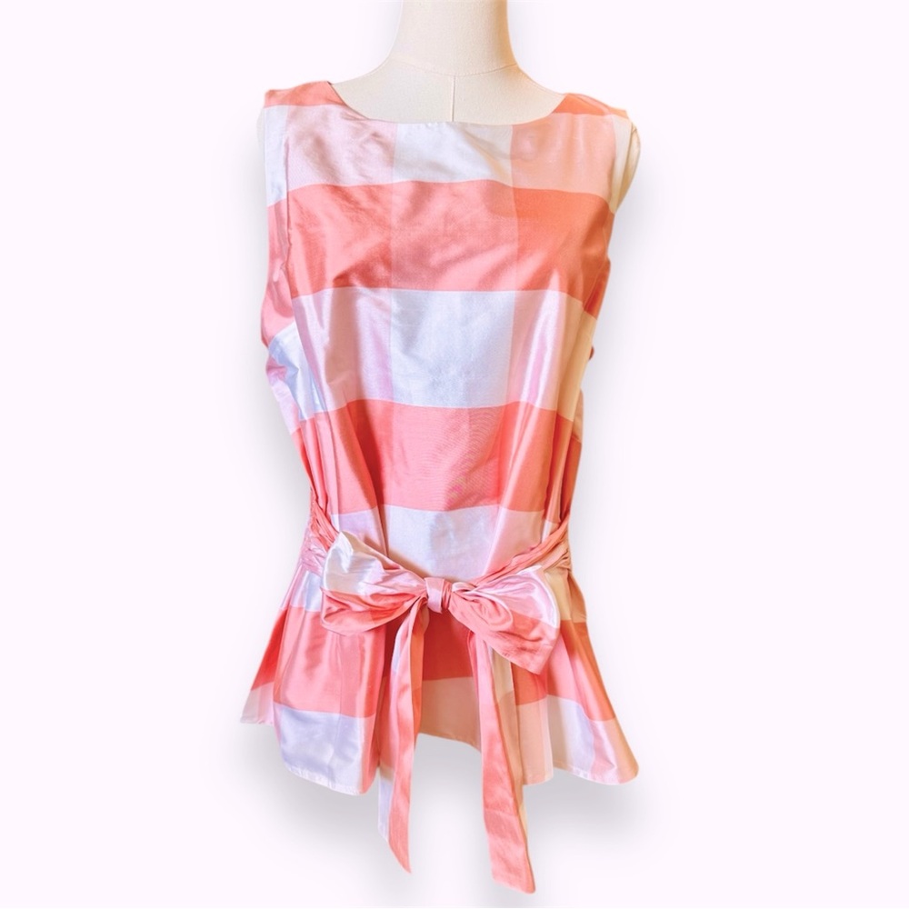 SARA CAMPBELL Silk Peach Plaid Bow Sash Tie Waist Sleeveless Blouse Fully Lined - Picture 2 of 16